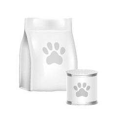 Pet food pack mock up. Realistic white blank paper or foil bag and tin can packaging template