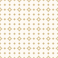 Golden vector minimal seamless pattern with small diamonds, rhombuses, stars, grid. Abstract minimalist geometric texture. Simple luxury gold and white background. Elegant repeat geo design for decor