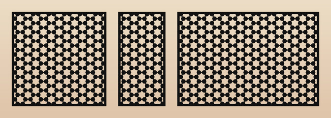 Laser cut patterns. Vector design with elegant geometric ornament, abstract floral grid, mesh. Oriental style decorative panels. Template for cnc cutting of wood, metal. Aspect ratio 1:1, 1:2, 3:2