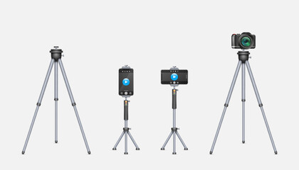 Smartphone and photo camera on tripod. Tools for photography and video content producing in studio