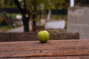 green walnuts on wood