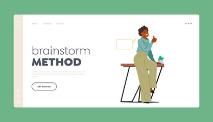 Brainstorm Method Landing Page Template. Young Black Woman with Speech Bubble Showing Thumb Up in Office