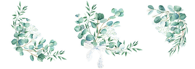 Watercolor bouquets set. Eucalyptus, pistachio and gypsophila branches. Hand drawn botanical illustration isolated on white background. Can be used for greeting cards, wedding and baby shower - obrazy, fototapety, plakaty