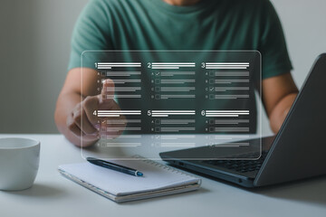 man using a laptop and touching a virtual screen to do an online survey online exam Choosing the...