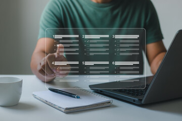 man using a laptop and touching a virtual screen to do an online survey online exam Choosing the correct answer in the exam, filling out an online survey form. Answer the test questions.