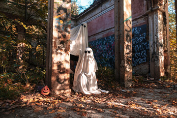 A funny image of two people in ghost costumes and sunglasses in an abandoned building