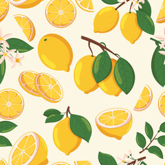 Seamless Pattern with Lemons on White Background. Sliced and Whole Citrus Fruits Blooming Flowers, Branches