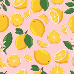 Seamless Pattern with Lemons, Sliced and Whole Citrus Fruits on Pink Background. Blooming Flowers, Branches and Pieces