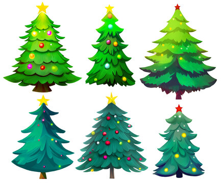 Christmas trees isolated on white background. Set of cartoon digital illustrations