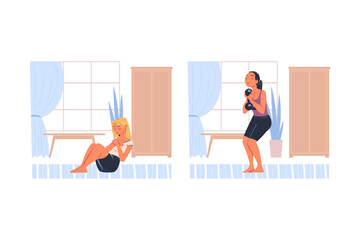 Woman Character Doing Sport at Home Vector Set