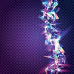 Bokeh Glare. Crystal Foil. Blue Retro Tinsel. Festive Art. Neon Glitter. Metal Flyer. Disco Realistic Illustration. Kaleidoscope Effect. Purple Bokeh Glare