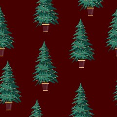 Potted Christmas tree seamless pattern on red background.