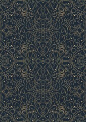 Hand-drawn unique abstract symmetrical seamless gold ornament on a deep blue background. Paper texture. Digital artwork, A4. (pattern: p07-2d)