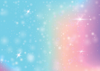 Hologram background with rainbow mesh. Girlish universe banner in princess colors. Fantasy gradient backdrop. Hologram unicorn background with fairy sparkles, stars and blurs.