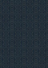 Hand-drawn unique abstract symmetrical seamless gold ornament on a deep blue background. Paper texture. Digital artwork, A4. (pattern: p08-1f)