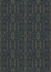 Hand-drawn unique abstract symmetrical seamless gold ornament on a deep blue background. Paper texture. Digital artwork, A4. (pattern: p09e)