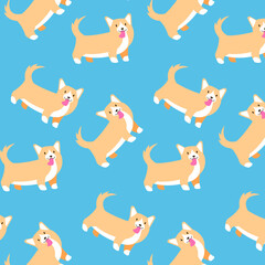 bright colorful vector pattern with orange corgi dogs with tongue hanging out, flat background for wallpapers and postcards, stylish pattern with cute animals