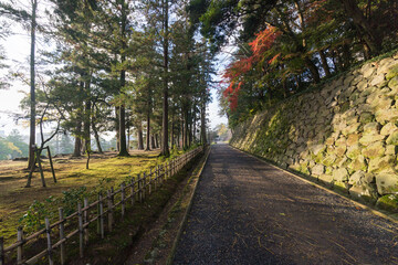秋の松江城の城郭の散策道の風景