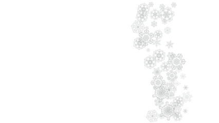 Snowflakes falling on white background. Horizontal Christmas and Happy New Year theme. Silver falling snowflakes for banner, gift card, party invitation, partner compliment and special business offers