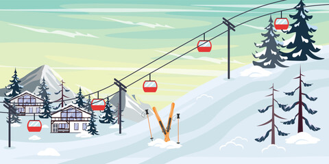 Vector illustration of a beautiful ski resort. Cartoon mountains landscape with snow slides, skis, Christmas trees, lifts, resort houses.