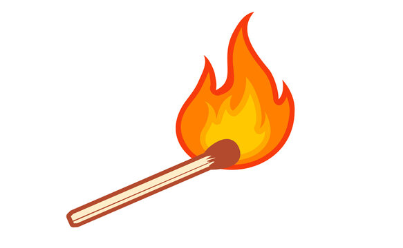 Vector retro illustration of a match with fire on white background. Vintage icon of match with flame