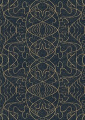 Hand-drawn unique abstract symmetrical seamless gold ornament with golden glittery splatter on a deep blue background. Paper texture. Digital artwork, A4. (pattern: p02-1d)