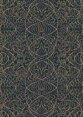 Hand-drawn unique abstract symmetrical seamless gold ornament with golden glittery splatter on a deep blue background. Paper texture. Digital artwork, A4. (pattern: p02-2d)