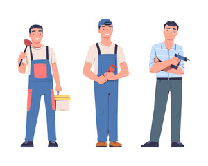 Man Plumber and Electrician in Uniform with Plunger and Toolbox Vector Set