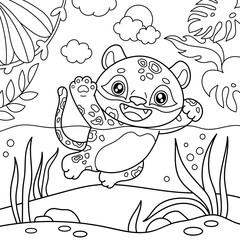 Fototapeta premium Jaguar swims in the water. Coloring book for children. Black and white vector image.