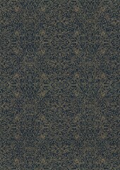 Hand-drawn unique abstract symmetrical seamless gold ornament with golden glittery splatter on a deep blue background. Paper texture. Digital artwork, A4. (pattern: p07-2e)