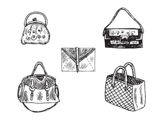 Purse, Satchel, Clutch (envelope), Clutch and Tote bag  isolated hand drawn black and white outline doodle, sketch, bags set collection illustration - 549558402