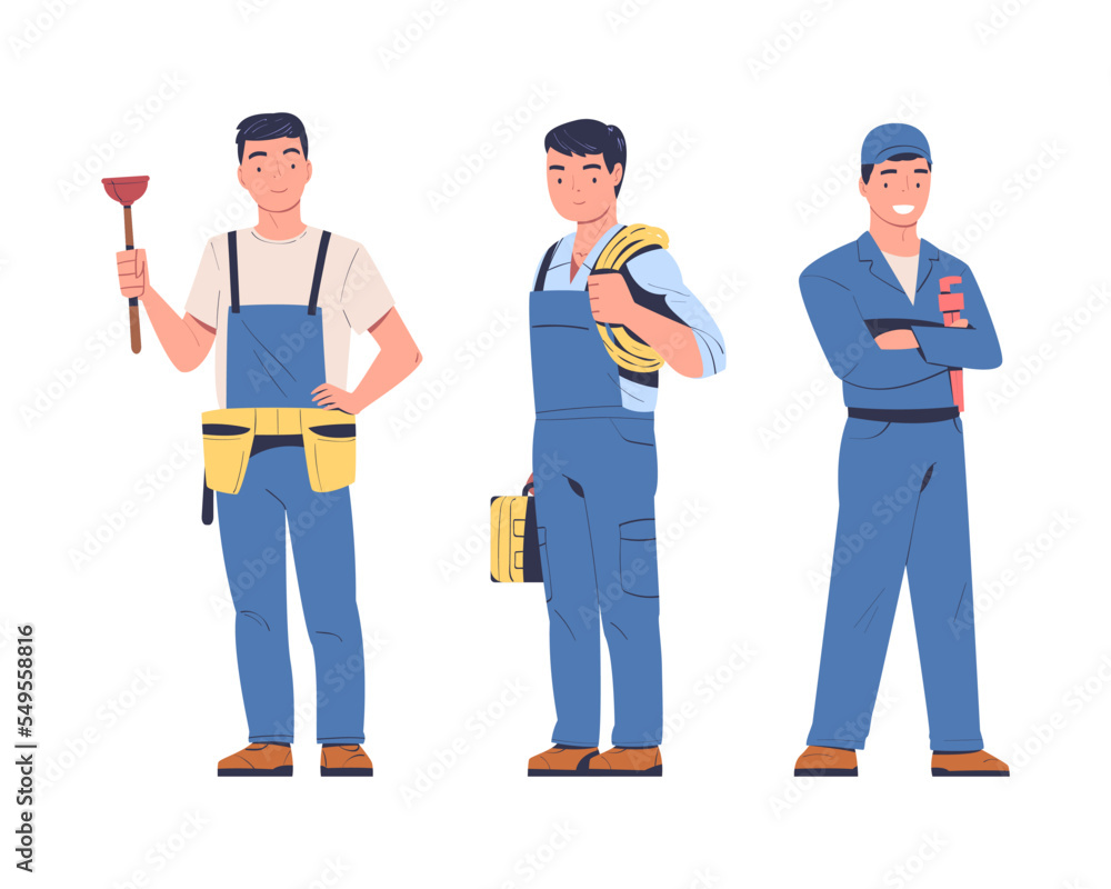 Aufkleber man plumber and electrician in uniform with plunger and wire vector set