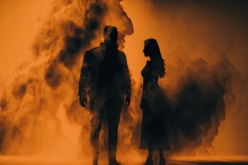 Silhouette of couple in the smoke with dramatic lighting