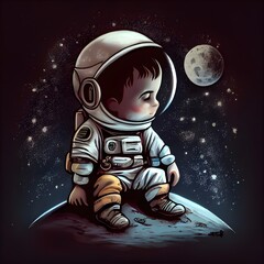 Fototapeta premium A young astronaut child sitting in deep thought, contemplating their next mission into outer space.