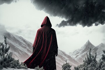 Hooded red cloak person in the winter mountains - obrazy, fototapety, plakaty