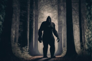 Silhouette of Bigfoot creature in the foggy woods - obrazy, fototapety, plakaty