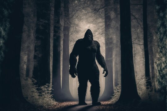 Silhouette of Bigfoot creature in the foggy woods