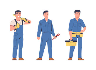 Man Electrician in Uniform with Wrench and Toolbox Vector Set
