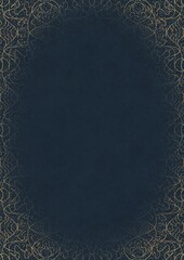 Deep blue textured paper with vignette of golden hand-drawn pattern with golden glittery splatter. Copy space. Digital artwork, A4. (pattern: p02-1e)