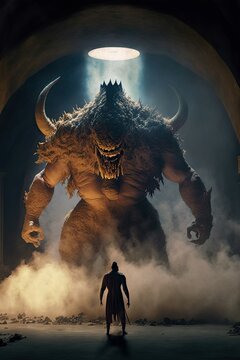 David versus Goliath concept. Man against huge monster beast.
