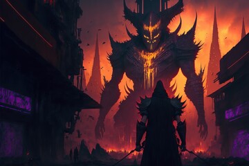 Human warrior versus huge evil demon shadow beast, with ancient city scenery.