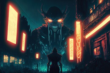 Human warrior versus huge evil demon shadow beast, with futuristic neon city scenery.
