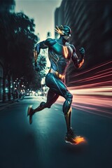 Generic superhero running through big city streets. Long exposure motion blur.