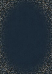Deep blue textured paper with vignette of golden hand-drawn pattern with golden glittery splatter. Copy space. Digital artwork, A4. (pattern: p07-1d)