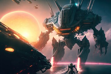 Epic sci-fi space battle with many space ships and lasers and giant mecha robot fighting. - obrazy, fototapety, plakaty