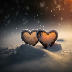 Fototapeta premium Hearts in the winter snow landscape. Valentine's day concept.