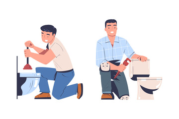Man Plumber with Plunger and Wrench Near Toilet Bowl Vector Set