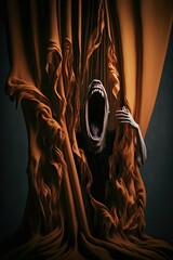 Fototapeta na wymiar Screaming distorted face behind the curtain