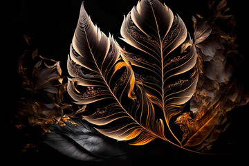 autumn leaves on black background, leaf (feather) on black background, gold black leaf on background, luxury, beautiful detailed illustration, generative ai