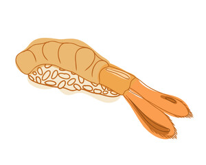 Sushi nigiri with shrimp isolated on white background. Flat and doodle vector illustration